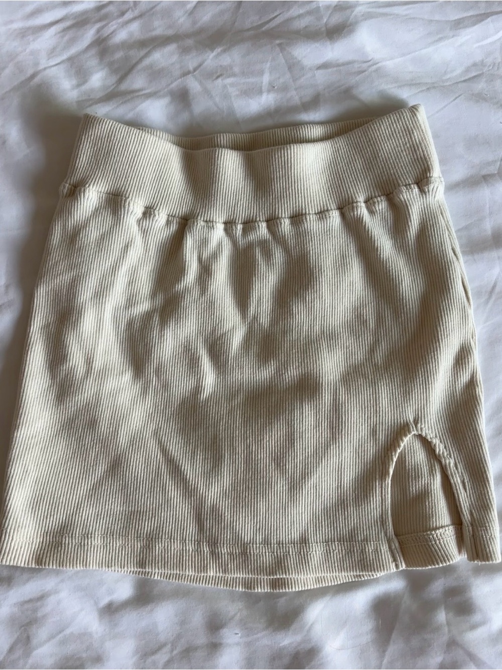PrettyLittleThing Cream Ribbed Mini Skirt with Side Notch